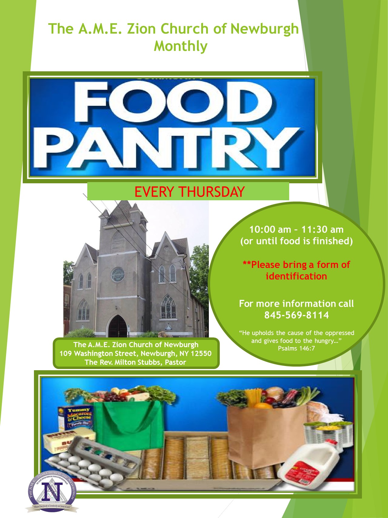Food Pantry flyer: Every Thursday 10 AM – 12 PM, AME Zion Church of Newburgh, 111 Washington Street