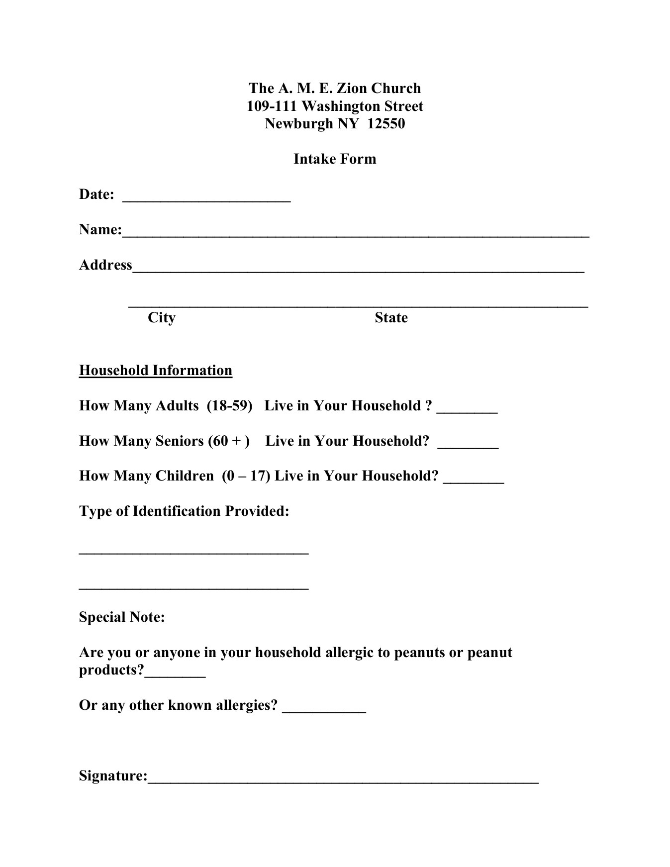 Food Pantry Intake Form for the A.M.E. Zion Church of Newburgh, with fields for name, address, household information, identification, and allergies